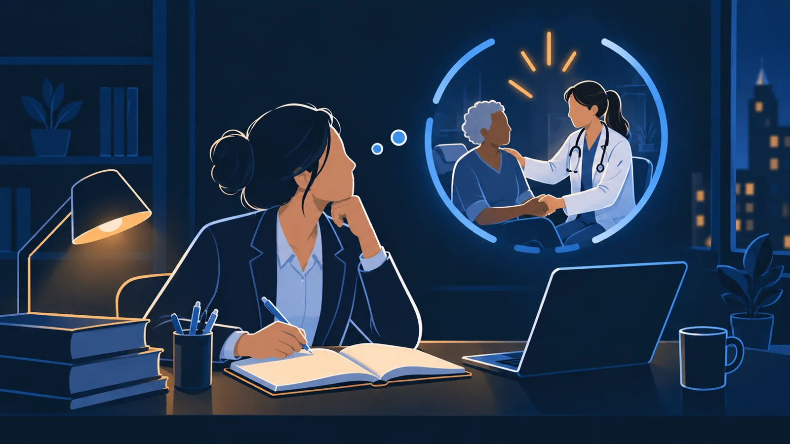 A student writing at a desk at night looks up at a glowing memory of a surgeon comforting an older patient.