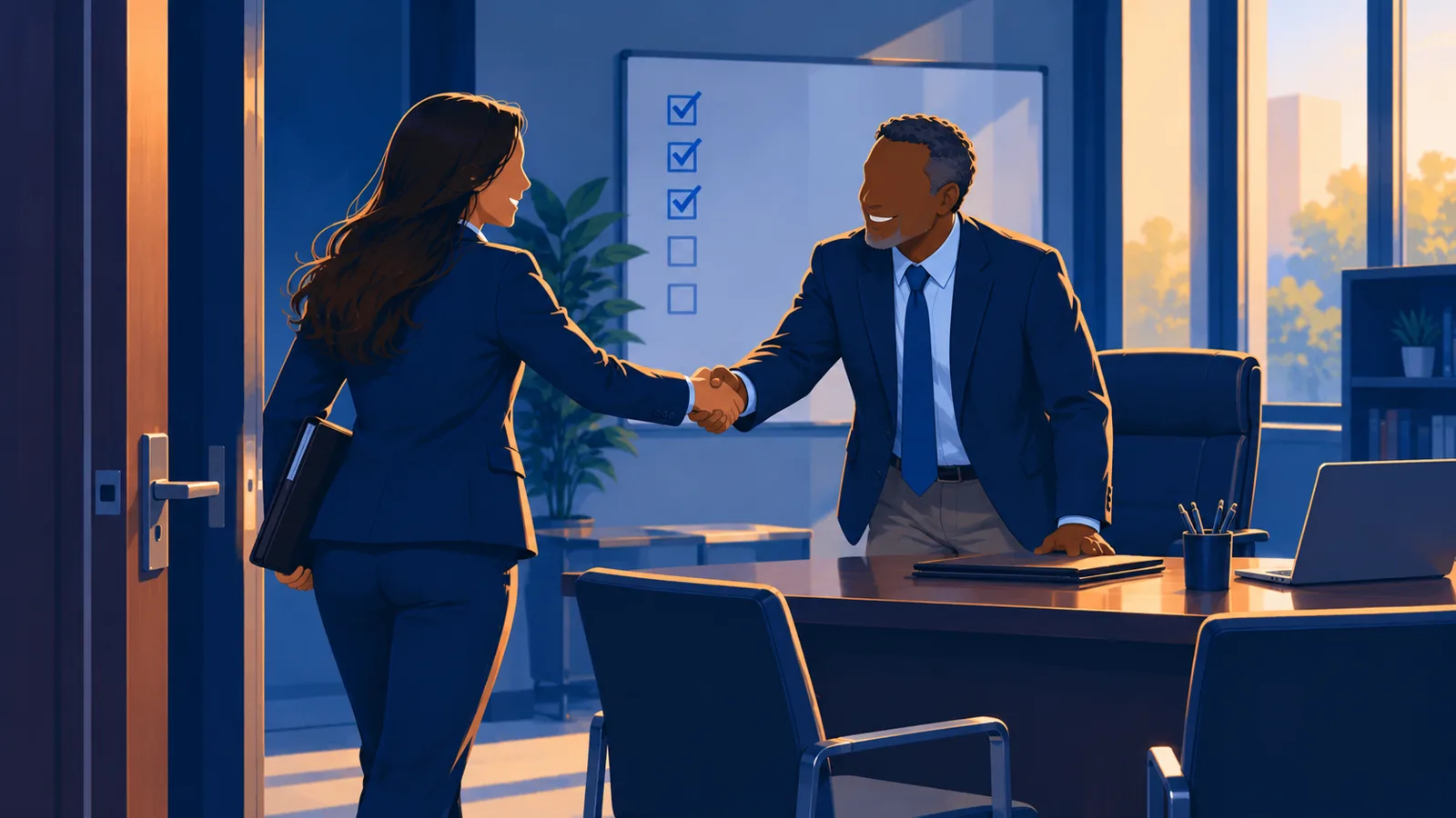 A faculty member rises from his desk to shake hands with an applicant.