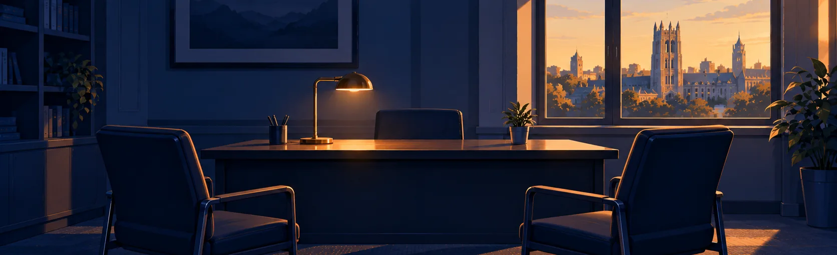 An empty interview office at sunset with two chairs facing a desk.